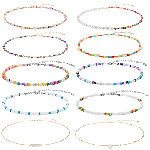 Perlen-Choker-Halsketten-Set – Winzige Seed-Perlen-Choker-Halskette, goldene Perlenketten-Halskette, Boho-Hawaii-weißer Regenbogen, verstellbare bunte Halsreifen für Frauen und Mädchen Perlen-Set