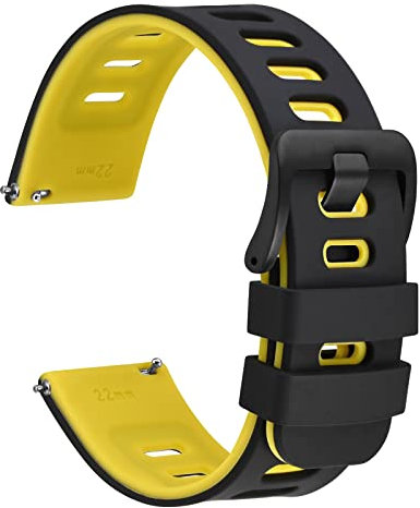 WOCCI 20mm Bicolor Watch Strap, Silicone Rubber, Quick Release Replacement Band for Men and Women, Black Stainless Steel Buckle (Black-Yellow)