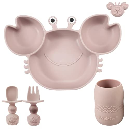 PandaEar Set de Alimentación Bebé en Silicona | Plato Succión Dividido en Silicona, Forma de Cangrejo | Taza Pequeña con Cucharas y Tenedores | Utensilios Autoalimentación - Rosa