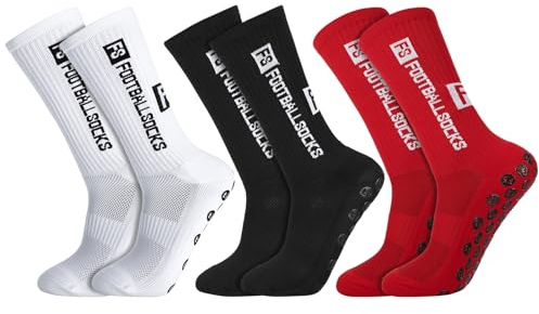 Apricitie 3 Paar Fußball Socken, 39-46 Anti Rutsch Grip Fußball Socken Rutschfeste Socken Fußball Sportsocken Trainingssocke Fußballsocken für Herren Damen(one_size schwarz+weiß+rot)