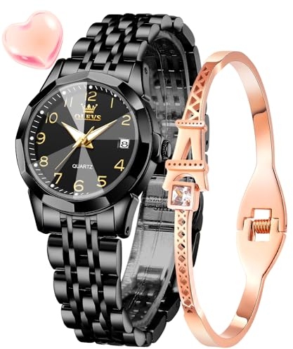OLEVS Damenuhren Leicht Ablesbare Ziffern Diamant Uhren Damen Japan Analog Quartz Wasserdicht Leuchtend Datum Armbanduhr Geschenk Set