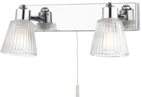 Britalia Polished Chrome & Clear Ribbed Glass Bathroom Vintage 2 Lamp Switched Bar Wall Light | 28cm Wide | IP44 Rating | 2 x G9 Lamp Bulbs Required | 240V UK | Pull Cord Switch | Mirror Lighting