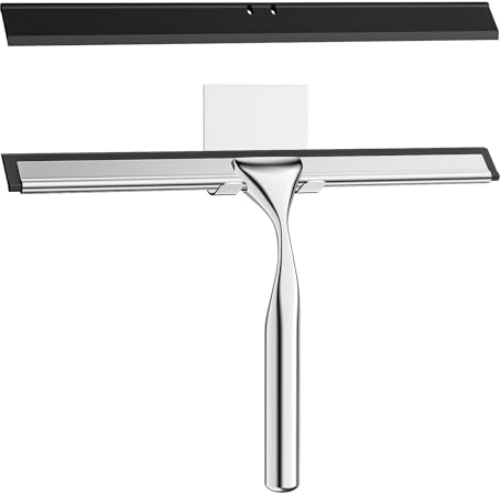 Radikor Rasqueta limpiacristales para Ducha, 25.5cm Escobilla de Ducha de Acero Inoxidable, para Ducha, Baño, Azulejos, Espejos, Ventanas, con 1 Gancho y 1 Hoja de Silicona de Repuesto - Plateado