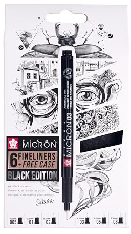 SAKURA Pigma Micron Fineliner 6er Set + Etui | Wasserfeste schwarze Tinte, verschiedene Größen | Stifte zum Schreiben, Zeichnen & Journaling