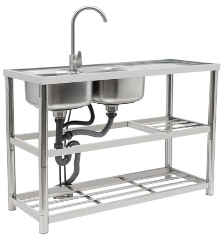 Freistehendes Edelstahl-Waschtisch, 33x33cm Outdoor-Waschbecken, 360° Drehbare Heißem und Kaltem Wasserhahn, 100kg Tragfähigkeit Multifunktions Waschtisch Edelstahl mit Überlauflöcher