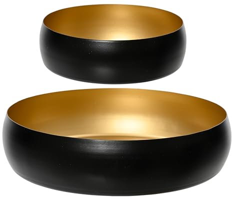 Kaemingk Deko Schale 13-22cm Metall - 2er Set Dekotablett mit Rand - Tischdeko Tablett - Kerzenschale Serviertablett Dekoteller - Metallschale Schwarz Gold