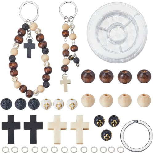 SUNNYCLUE 250 st nyckelringar tillverkning kit trä kors berlock trä kors pärla svart vit naturlig lavasten pärlor mini krucifix berlock träkors berlocker delad nyckelring för nyckelringar armband