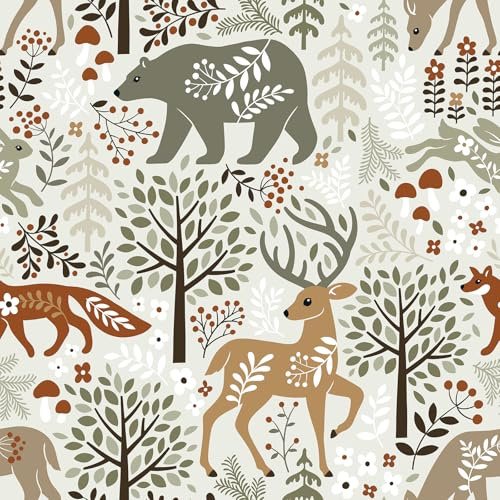 VaryStyle 17.7x118 Woodland Wallpaper Forest Trees Animal Peel and Stick Wallpaper Beige Floral Contact Paper for Nursery Cabinets Removable Self Adhesive Vinyl Wall Paper for Kids Room Bedroom