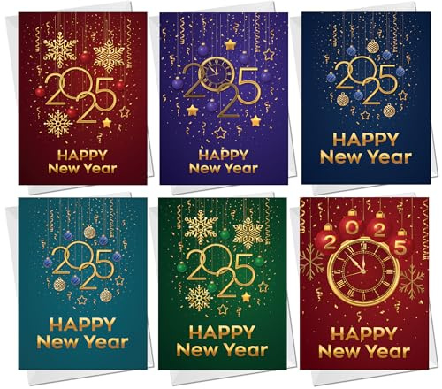 RED OCEAN Happy New Year 2025 Cards, Pack of 6 Cards With Envelopes, New Year Greeting Cards, Happy New Year Multipack of Cards, 2025 Cards For Friends Family Neighbours