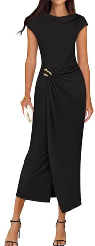 ZESICA Women's 2025 Summer Mock Neck Casual Bodycon Dress Cap Sleeve Elegant Cocktail Party Long Midi Dresses,Black,X-Large