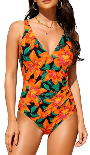 Septangle Flattering Adjustable Strap Bathing Suit Float Swimwear for Women Mom Ruched Swimsuits Floral Print Swim Suits 2026, Orange Flower US14