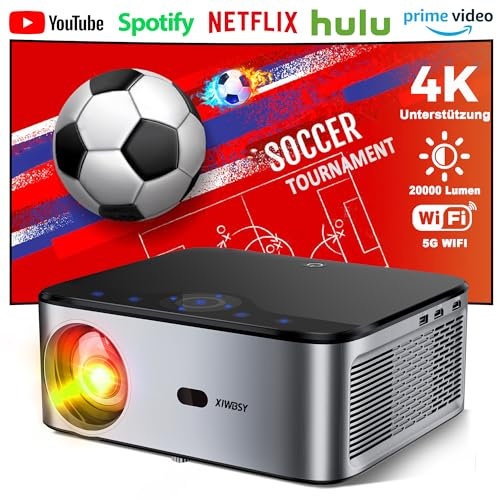 XIWBSY Beamer 4K, 20000 Lumen LED Beamer Android, Full HD 1080P Bluetooth Beamer, LED Heimkino Video Beamer 300 '' Display, Eingebaute APP/WiFi Mirroring Smart Projektor