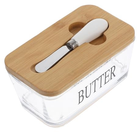 Alipis Mantequillera De Cristal Con Tapa Hermética, 1 Unidad, Vidrio Transparente y Base De Bambú, Para Refrigerador y Encimera, Almacenamiento De Mantequilla y Queso, Incluye Cuchillo Para Untar