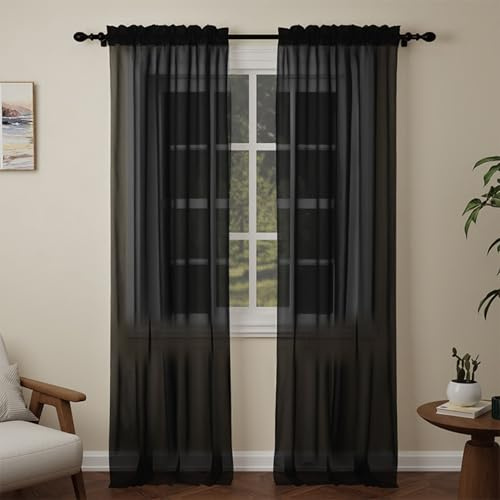 Pacok Black Voile Curtains 108 Drop, 2 Panels Rod Pocket W56xL108 Inch | See Through Net Curtains for Windows Long Washable Sheer Curtain Panel for Living Room, Bedroom, Kitchen 142 x 274cm Drop