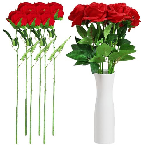 Konstrosor, 10 x fuskrosor med stjälkar, brudbukett, långvariga konstgjorda blommor för bröllop, fester, födelsedagar, alla hjärtans dag, inomhus/utomhusdekor