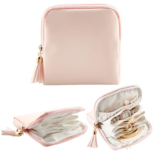 shunmei Mini Zipper Travel Jewelry Case with 5 Individual Pockets, Pink
