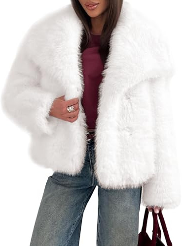Cappotto da Donna Soffice Giacca Soffice Giacca a Maniche Lunghe con Risvolto giacche Invernali in Pelliccia Shaggy Parka Cappotto Corto (Bianco,S)