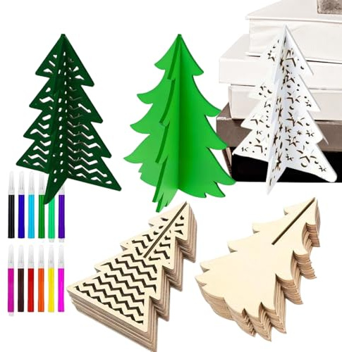 Julgranar i trä för , 3D oavslutad växtsilhuett dekoration - 48 stycken DIY trimma träträd med färgglada markörer, för barn och vuxna jul ban
