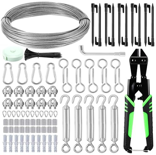 Gueenky 185 Piezas Cable de Acero Inoxidable de 35 m x 2 mm, Cable Metálico con Tensores M5, Kit de Cable de Acero Inoxidable para Plantas Trepadoras de Exterior Tendedero y Guirnaldas Luminosas