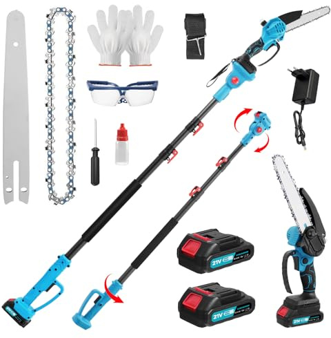 Mini motosierra 2 en 1 de 6 pulgadas con barra telescópica, batería de podadora, motosierra profesional, 2800 W, sin escobillas, con 2 baterías, altura de trabajo de hasta 2,1 m, para ramas de árboles
