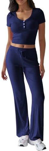 Rayson Tuta da Donna Elegante Completo Sportivo Manica Corte Set Top Maglia Con Bottoni e Pantaloni con Tasche e Coulisse（Blu navy,XL）