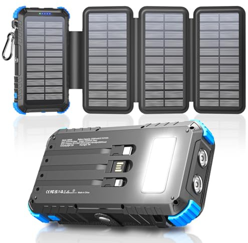 Power Bank Solare da 20000mAh con 4 Pannelli Solari, Power Bank USB C da 15W a Ricarica Rapida, 5 Uscite con 3 Cavi, Caricabatterie Solare Portatile per Esterni con Moschettone e Torce per Telefoni