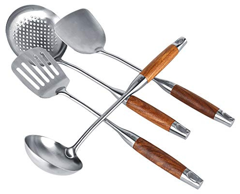 MAJONMMERD 304 Köksredskapsset i Rostfritt Stål Köksredskap 4 Delar rosenträ Handtag Spatelsats Spegel Polerat Ergonomiskt Grepp Hängande Design för Matlagning i Hemmet