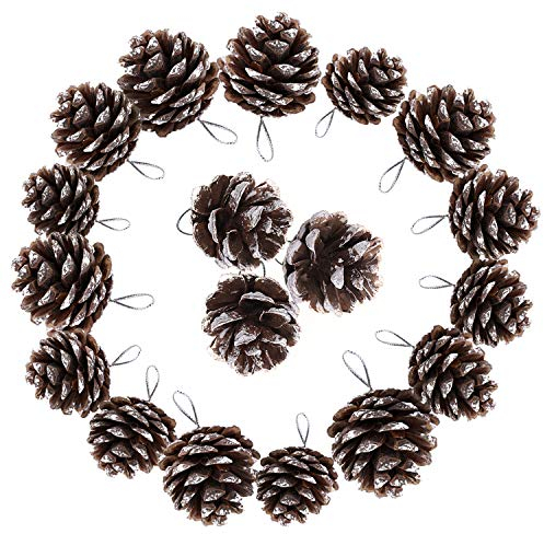 TRIXES Christbaumschmuck - 18 Stück Kiefernzapfen zum Aufhängen - Weihnachtsschmuck Baumdeko Festliche Dekoration - Tannenzapfen mit Kunstschnee - Adventskranz Weihnachtskranz - Weihnachtskugeln