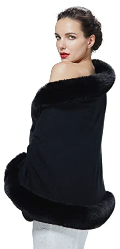 BEAUTELICATE Faux Fur Shawl Winter Wedding Wraps Bridal Bridesmaids Stole Shrug Women Knitted Cape Cardigan(One Size, Black)