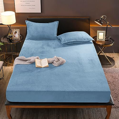 Boqingzhu Flauschige Plüsch Spannbettlaken 200x200cm Pastell Blau Hellblau Fleece Flanell Cashmere Touch Spannbetttuch Winter Kuschelig Bettlaken für 25 bis 30cm Matraze