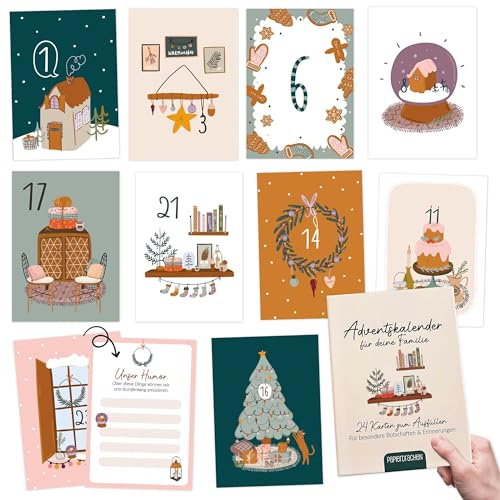 Pappersdrake, kort adventskalender 2025 för att designa själv och ge bort – för hela familjen | 24 vykort | presentidé advent| med kärleksfulla motiv att hänga upp – set 10