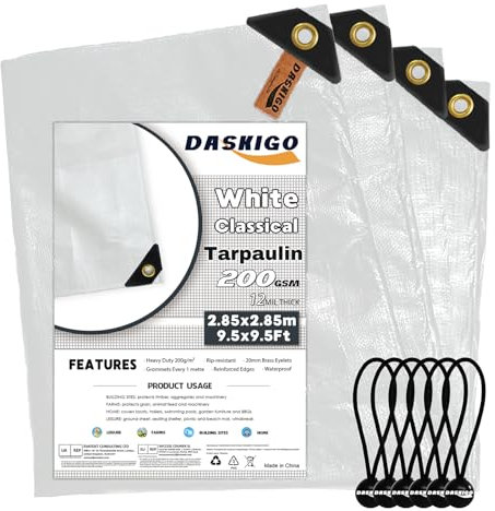 DASKIGO 3 x 3M Heavy Duty 200GSM White Reinforced Tarpaulin Cover Waterproof Tarp Sheet & 6 Pcs Bungee Balls