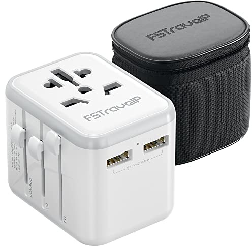 Worldwide Travel Adapter with USB, FSTravelP Universal Plug Adapter with 2 USB & International AC Socket, Dual 10A Fuses, All In One Travel Plug Adapter Worldwide for USA UK EU AU CN 150+ Countries