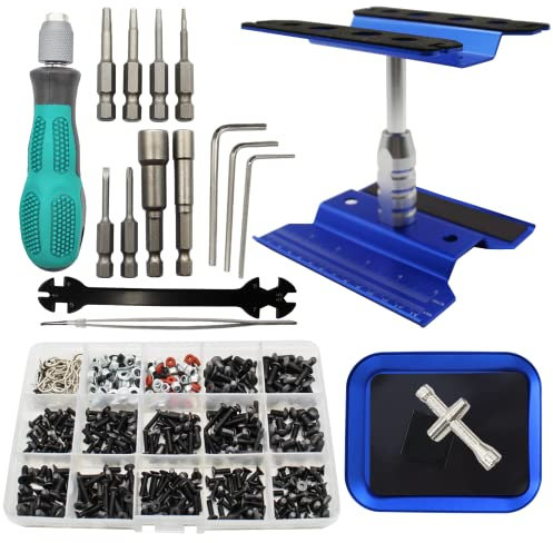 RC Car Repair Work Stand Repair Tool Set 360 Degree Rotation and 523 PCS RC Screws & Kit RC Screwdrivers and Screws Pallet Kit for 1/8 1/10 1/12 1/16 1/18 RC Crawler Car Truck Buggy (Blue)