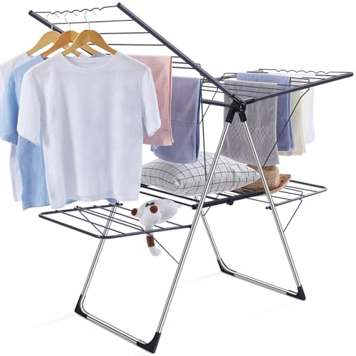 SYKIARIOL Wäscheständer, Standtrockner faltbar 2-stufiger, Flügelwäschetrockner mit höhenverstellbaren Gullwings, standfester Wäschetrockner Ständer für drinnen, Silber