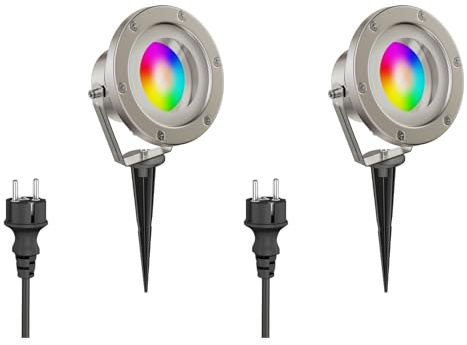 ledscom.de 2 trädgårdsstrålkastare BULA med jordspett för utomhusbruk, rostfritt stål RGB-belysning varmvit - kallvit (2900-6200)