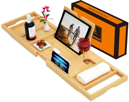 Luxury Bathtub Caddy Tray，Bamboo Bathtub Tray Caddy - Wood Bath Tray Expandable，Can be Placed Book and Integrated Tablet Smartphone and Wine Holder - Gift Idea for Loved Ones