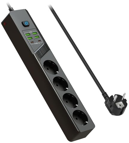 4-vägs grenuttag med 4 USB 2 typ C (5 V/4,2 A) laddningsportar, 3 000 W grenuttag med strömbrytare och barnsäker 3 m/9,84 FT kabel, USB-uttag för kontoret hemma