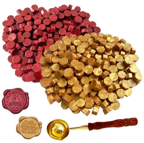 400 Stück Siegelwachs Perlen Set, Siegelwachs Rot + Siegelwachs Gold mit 1 Schmelzlöffel Achteckiges Wachssiegel Set Wachssiegel Stempel Set Siegelwachs für Einladungen Karten Umschläge