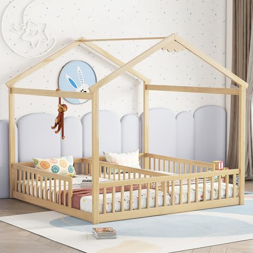 VilroCaz Double Twin House-Style Floor Bed with Fence and Guardrails, Wood House Montessori Bed Frame with Decorable Roof for Boys Girls (Natural-6.22)