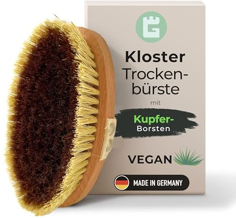 Grünschloss Körperbürste Naturborsten vegan - Kupferbürste (Trockenbürste mit Kupfer) Dry Brush Peeling Bürste zur Lymphdrainage & Cellulite Massagegerät - Natürliche Pflege Made in Germany