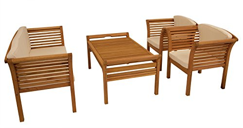 DEGAMO Loungeset Holz 4-teilig aus Eukalyptus Holz, mit Polstern Creme, FSC®-Zertifiziert
