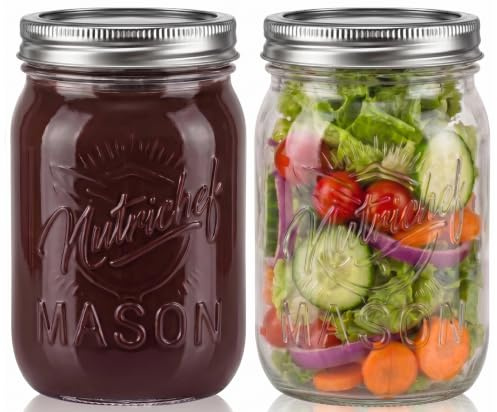 NutriChef Mason Burkar med Lock - 16oz DIY Magnetiska Kryddburkar med Airtight Lock och Band - Perfekt för Meal Prep, Overnight Oats, Marmelad, Honung, Ljusstakar, Bastel, Bröllopsgåvor (2 st)