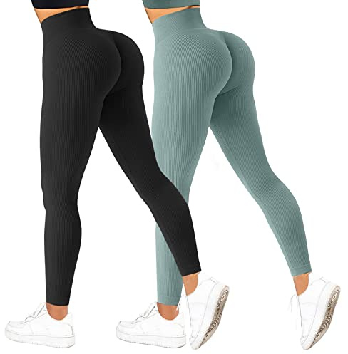 2 Piece Ribbed High Waisted Leggings for Women Seamless Tummy Control Gym Workout Yoga Pants Running Compression Leggins