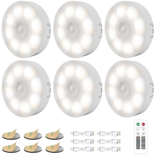 Electight 16 LEDs Under Cabinet Lights with Remote, 6 Pack Motion Sensor Lights Indoor Cordless,3 Color Temps Dimmable, Battery Operated USB Charging, for Wardrobe,Stairs,Closet,Hallway,Cabinets