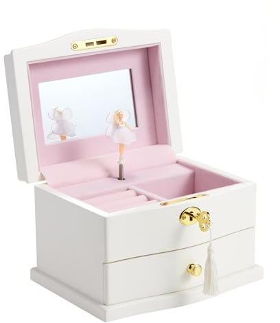 Jozen Gift Ballerina Musical Jewelry Box with Mirror for girls，Kid's Jewelry Storage Music Chest (White-L)