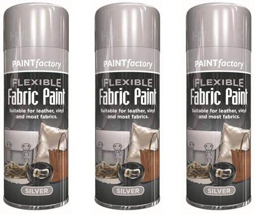 HitlineUK 3 x Silver Flexible Fabric Spray Paint 200ml Aerosol Can Ideal For Leather Art Vinyl Fabric & Crafts Quick Drying Spray