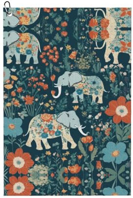 SSIMOO Magnifique motif prairies avec éléphant floral dans une serviette de golf à usage général, accessoire de golf personnalisé pour homme, absorbant et polyvalent