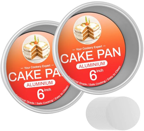 OAMCEG 6 Inch Round Cake Tin Set - 2pcs Non-Stick Loose Bottom Baking Pans with 50 Liners - Deep Aluminium Tins for Cheesecake, Layer Cake, Dessert, Family Baking