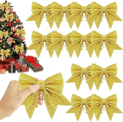 BGTLJKD 12 Stück Weihnachtsschleifen Glitzer Schleifen Weihnachtsbaum Bogen Dekoschleife für Geschenke Weihnachtsbaumschmuck für Zuhause Festival Party Baumkranz Dekorationen (Gold)
